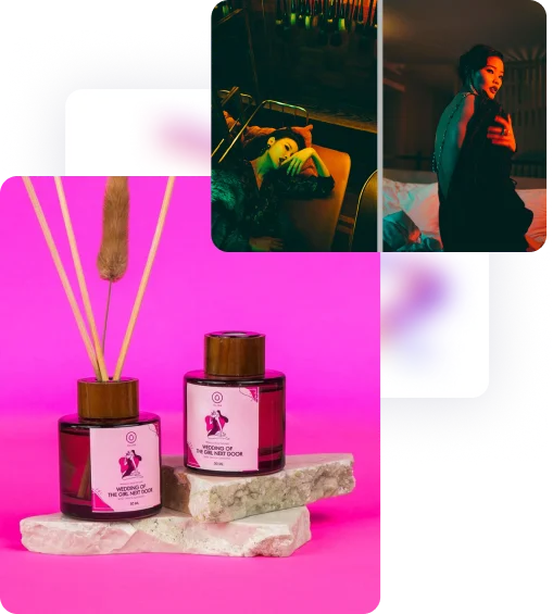 Two different pictures show a model posing for a photo shooting session and a photo product.